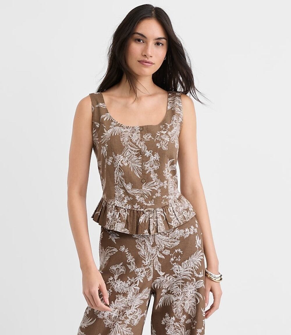 LOFT Women's Floral Toile Linen Cotton Peplum Top Cocoa Bliss Size XS. NEW!